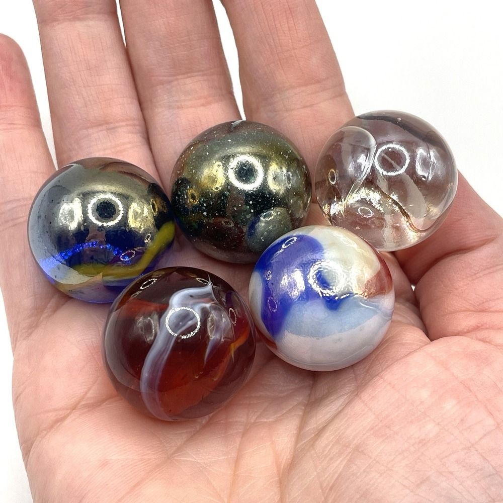 Glass Marbles Swirled Shooter 7/8" Marbles Mixed LOT of 5‎ Metallic Iridescent